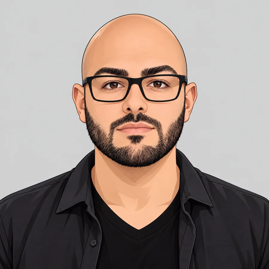 Illustrated portrait of Reza: bald, short beard, black glasses, black shirt